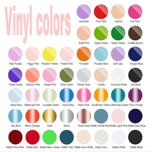 Puede incluir: Una carta de colores que muestra una variedad de colores de vinilo, incluyendo lavanda, rojo, rosa y verde. El texto "Vinyl colors" se muestra en rosa en la parte superior de la imagen. Cada color est&aacute; etiquetado con su nombre.
