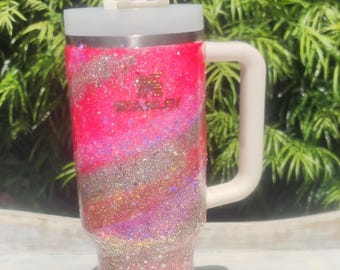 40 oz Pink Glitter Stanley Quencher • Insulated Stainless Steel Tumbler, Custom Name Option