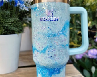 Vaso de mármol con purpurina de 1,2 litros con asa – Taza de viaje personalizada azul y morada