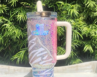 40 oz Custom Zebra Print Iridescent Glitter Authentic Stanley Tumbler, Sparkle Resin Cup