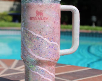 40 oz Custom Pink Glitter Stanley Tumbler, Pastel Swirl Epoxy Drinkware