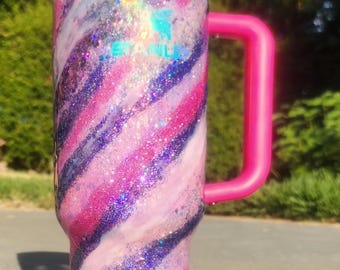 40 oz Custom Pink Glitter Marbled Stanley Tumbler, Pink & Purple Galaxy Design, Epoxy Resin Sparkle Cup