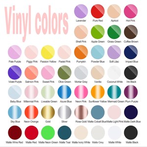 Pode incluir: Um gr&aacute;fico de cores exibindo uma variedade de cores de vinil, incluindo lavanda, vermelho, rosa e verde. O texto "Vinyl colors" &eacute; exibido em rosa na parte superior da imagem. Cada cor &eacute; rotulada com seu nome.
