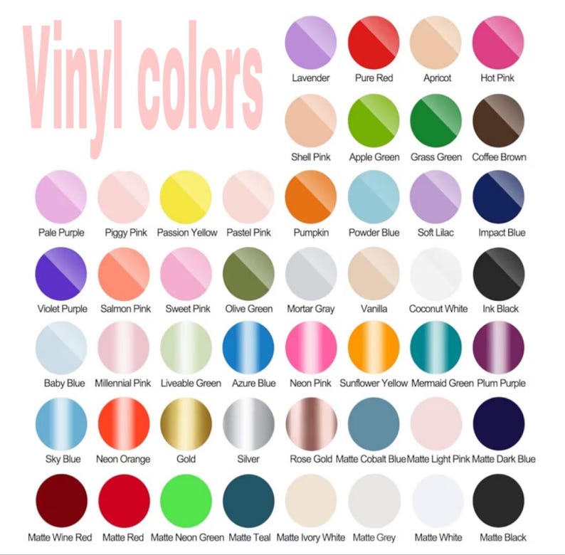 Pode incluir: Um gr&aacute;fico de cores exibindo uma variedade de cores de vinil, incluindo lavanda, vermelho, rosa e verde. O texto "Vinyl colors" &eacute; exibido em rosa na parte superior da imagem. Cada cor &eacute; rotulada com seu nome.