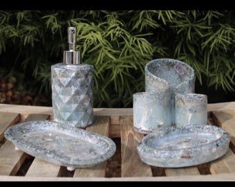Handmade Coastal Resin Bathroom Set • Seashell Soap Dish, Glitter Toothbrush Holder