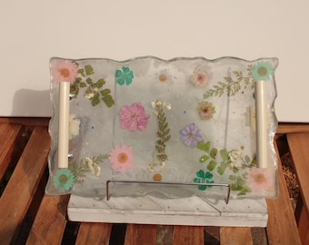 Pressed Flower Resin Tray with White Handles, Botanical Serving Tray
