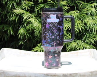 40 oz Glitter Authentic Stanley Tumbler, Galaxy Unicorn Distressed Cup, Cosmic Stars Cup with Handle, Custom Drinkware