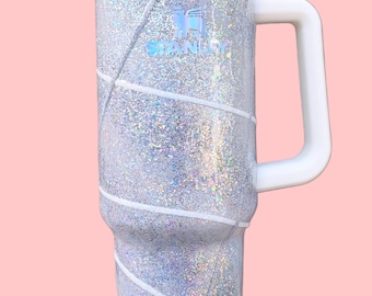 Vaso Stanley de 1,2 litros con diseño de remolino brillante y purpurina / Vaso holográfico iridiscente con asa y pajita.