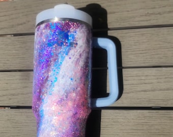 40 oz Custom Galaxy Glitter Authentic Resin Stanley Tumbler, Sparkle Tumbler with Handle & Straw, Handmade Epoxy Cup,  Gift for her