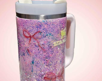 30oz Pink Glitter Bow Stanley Tumbler • Coquette Shimmer Cup