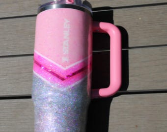 30oz Custom Pink Glitter Stanley Tumbler, Chevron Hot Pink Ombre Cup with Handle & Flip Top Lid