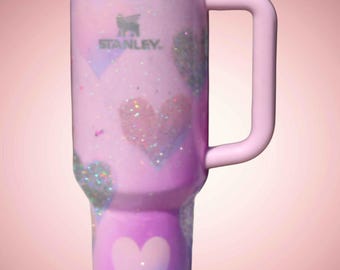 40 oz Custom Glitter Pink Heart Stanley Tumbler, Custom Ombre Pink & Purple Cup with Straw, Sparkly Birthday Gift, Personalized Drinkware