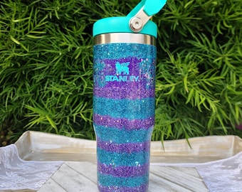 Copo Stanley com Glitter • Listras Azuis e Roxas • Utensílios de Bebida Personalizados com Brilho
