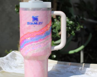 40 oz Custom Pink Glitter Geode Stanley Tumbler, Iridescent Handmade Sparkly Drinkware