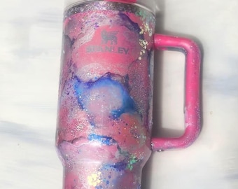 40 oz Marble Pink Galaxy Stanley Tumbler, Glitter Alcohol Ink Tumbler, Custom Authentic Travel Cup, Handmade Sparkle Cup, Gift for Her