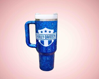 40 oz Blue Glitter Stanley Harley-Davidson Tumbler – Custom Resin Sparkle Mug, Motorcycle Luxury Drinkware