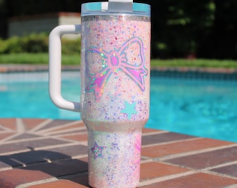 40 oz Stanley Tumbler, Pastel Glitter Drinkware, Holographic Bows, Custom Epoxy Cup