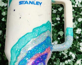 40 oz Glitter Geode Stanley Tumbler • Custom Name Cup, Iridescent Ocean Sparkle