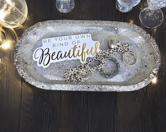 Bandeja para joyas de resina con purpurina hecha a mano, elegante soporte para anillos