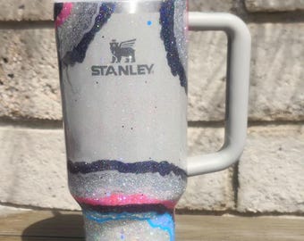 40 oz Custom Glitter Geode Stanley Epoxy Tumbler, Personalized Handmade Sparkle Cup with Handle & Straw, Pink,Blue and Silver Crystal Design