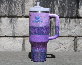 40 oz Glitter Ombre Authentic Stanley Tumbler , Personalized Purple Pink Blue Sparkle Cup with Handle, Handmade Drinkware Gift for Her