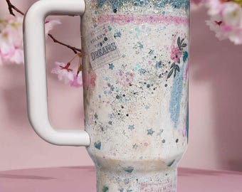 Vaso térmico Coquette Stanley de 1,18 litros • Vaso personalizado con nombre • Vaso térmico floral con purpurina en tonos pastel • Estilo Soft Girl • Listo para enviar • Regalo ideal para ella