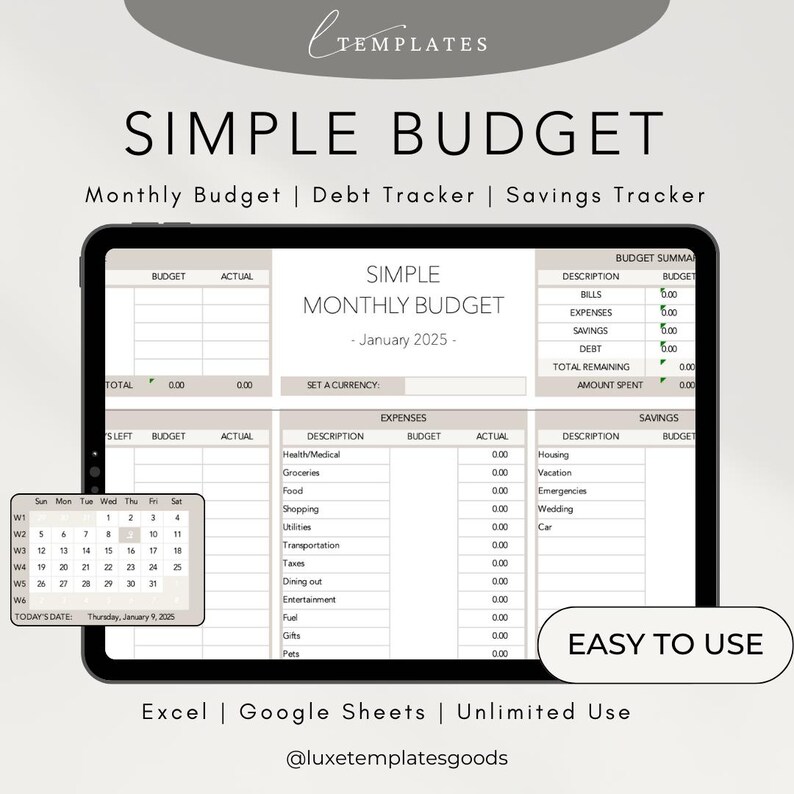 Simple Monthly Budget Tracker Template for Excel & Google Sheets | Easy ...