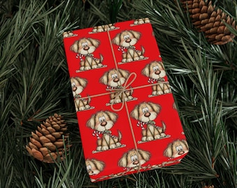 May include: Red wrapping paper featuring a repeating pattern of cartoon dogs wearing scarves and holding candy canes. The gift is tied with twine and set against a backdrop of pine needles and pine cones.