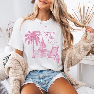 Pink Summer Vibes Coquette Beach Tee,  Pink Aesthetic Gift, Ocean Lover, SeaShell Shirt, Summer Vibes Tee