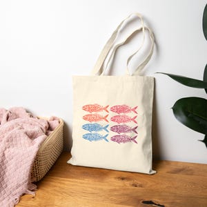 Colorful Sardines  Design Cotton Canvas Tote Bag Shopping Bag, Beach Bag, Gift for Fisherman, Summer Tote, Reusable Grocery Bag