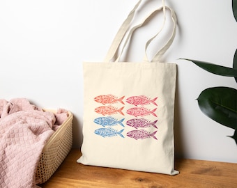 Colorful Sardines  Design Cotton Canvas Tote Bag Shopping Bag, Beach Bag, Gift for Fisherman, Summer Tote, Reusable Grocery Bag