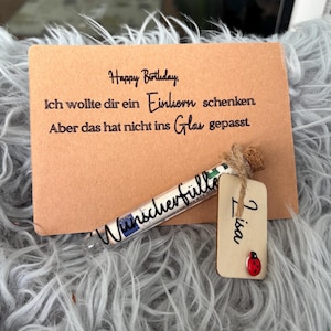 Wunscherfüller Geldgeschenk mit Karte – personalisiertes Reagenzglas mit Name & Glückskäfer, Geschenk zum Geburtstag