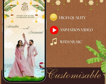 May include: A digital invitation on a smartphone screen. The invitation features a couple in pink attire, with text that reads "Inviting you to the Celebration of Love." Additional text includes "High Quality," "Animation Video," and "With Music."