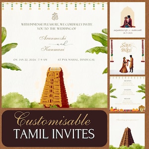 Convite de casamento do sul da Índia, convites de casamento tâmil, convites eletrônicos, convite virtual, convite de casamento tâmil personalizável, convite de templo