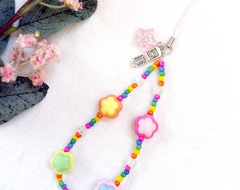 Pastel Flower Phone Charm | Rainbow Beaded Kawaii Strap