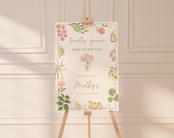 Locally Grown Baby Shower Welcome Sign, Farmers Market Baby Shower, Pink Gingham, Fruit and Vegetable, Editable Canva Template