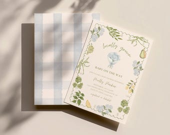 Locally Grown Baby Shower Invitation, Farmers Market Baby Shower Invite, Blue Gingham, Fruit and Vegetable, Editable Canva Template