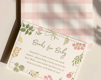 Locally Grown Baby Shower Books For Baby Cards, Pink Gingham, Fruit and Vegetable, Editable Canva Template
