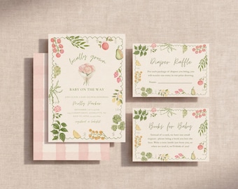 Locally Grown Baby Shower Invitation Suite, Farmers Market Baby Shower, Diaper Raffle + Books For Baby Cards, Editable Canva Template
