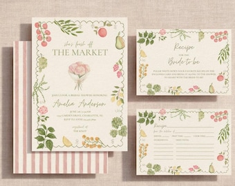 Suite de faire-part pour la douche nuptiale fraîchement sorti du marché, shower de mariage du marché de producteurs, cartes de recettes, rayures roses, modèle de toile modifiable