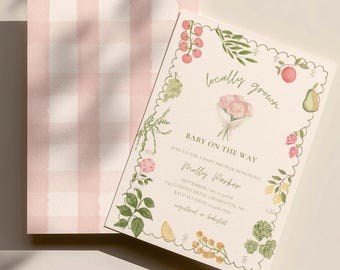 Locally Grown Baby Shower Invitation, Farmers Market Baby Shower Invite, Pink Gingham, Fruit and Vegetable, Editable Canva Template