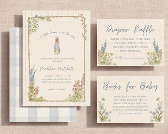Peter Rabbit Inspired Baby Shower Invitation Suite, A Little Bunny is on the way, Storybook Garden, Vintage Bunny, Editable Canva Template