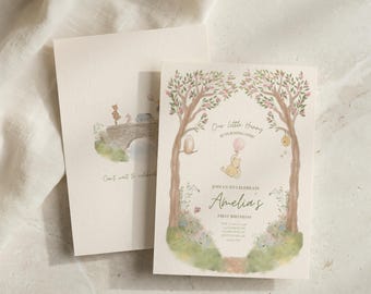 Classic Winnie-the-Pooh Birthday Party Invitation, Our Little Hunny is Turning One, Storybook Hundred Acre Wood, Editable Canva Template