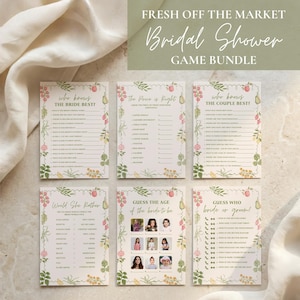 May include: A set of six rectangular bridal shower game cards featuring floral borders and text including Who Knows The Bride Best, The Price Is Right, Who Knows The Couple Best, Would She Rather, Guess The Age, and Guess Who Bride Or Groom.