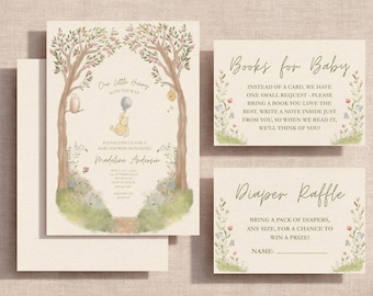 Classic Winnie-the-Pooh Baby Shower Invitation Suite, Our Little Hunny is on the way, Storybook Hundred Acre Wood, Editable Canva Template