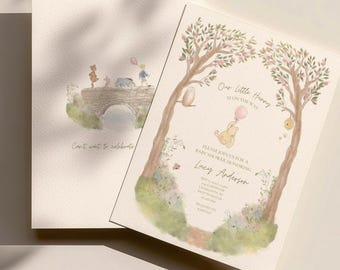Our Little Hunny Baby Shower Invitation, Classic Winnie the Pooh Inspired Invite, Storybook Hundred Acre Wood, Editable Canva Template