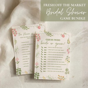 May include: Two rectangular bridal shower game cards with scalloped edges, featuring watercolor illustrations of fruits and vegetables. The cards display the text 'The Price is Right' and 'Guess Who bride or groom?' with lists of questions and items.
