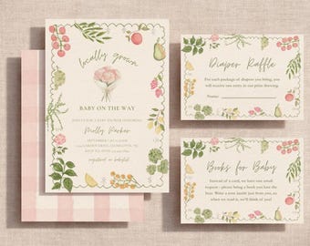 Locally Grown Baby Shower Invitation Suite, Farmers Market Baby Shower, Diaper Raffle + Books For Baby Cards, Editable Canva Template