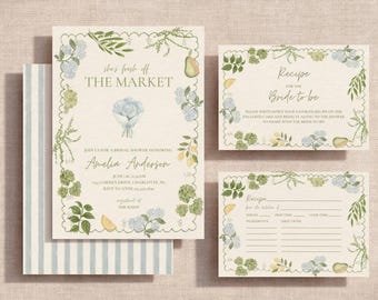 Fresh Off The Market Bridal Shower Invitation Suite, Farmers Market Wedding Shower, Recipe Cards, Blue Hydrangea, Editable Canva Template