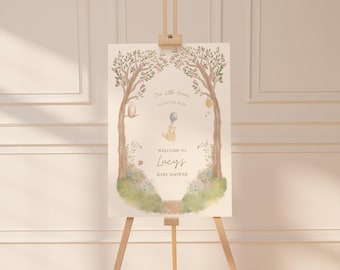 Classic Winnie-the-Pooh Baby Shower Welcome Sign, Our Little Hunny is on the way, Storybook Hundred Acre Wood, Editable Canva Template